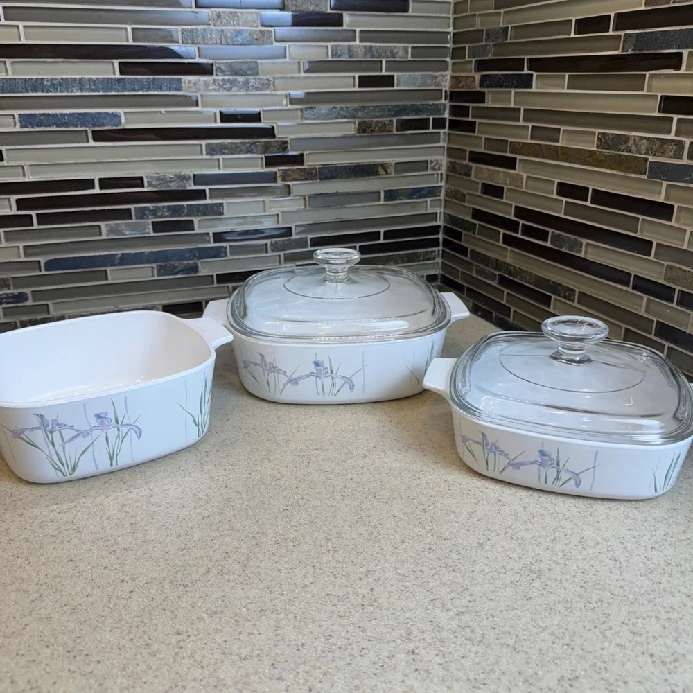 VTG Corning Ware Shadow Iris Casserole Dish 5pc Set w/ 2 Lids 1L, 1.5L, 2L